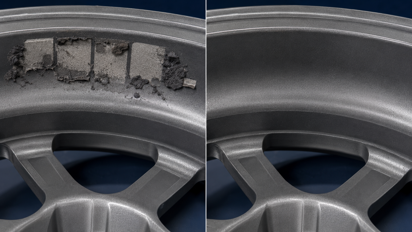 Conceptual comparison of conventional adhesive residue and a cleaner wheel surface after residue-free tape removal