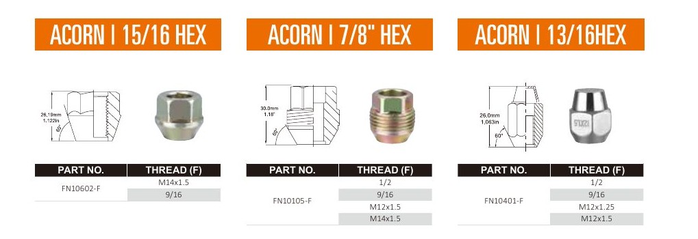 Three Fortune acorn lug nuts in 15/16, 7/8, and 13/16 hex, shown with thread tables