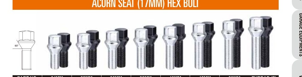 Chrome and black 17 mm acorn-seat hex lug bolts from 24 mm to 50 mm