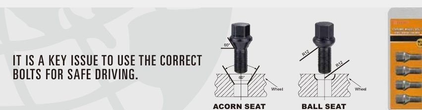 Catalog diagram comparing a 60-degree acorn-seat lug bolt with an R12 ball-seat lug bolt