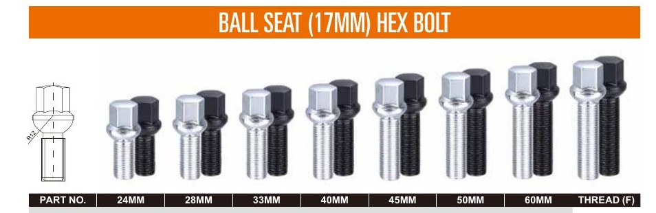 Chrome and black 17 mm ball-seat hex lug bolts from 24 mm to 60 mm