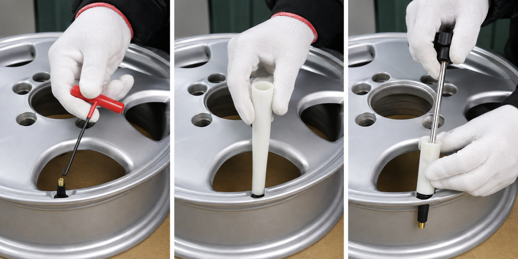 Three-stage tire valve removal, positioning and external installation process