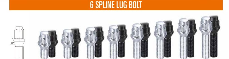 Chrome and black 6-spline lug bolts in several shank lengths