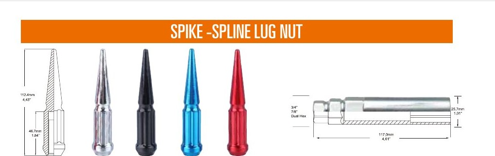 Chrome, black, blue, and red spike spline lug nuts beside a spline spike adapter
