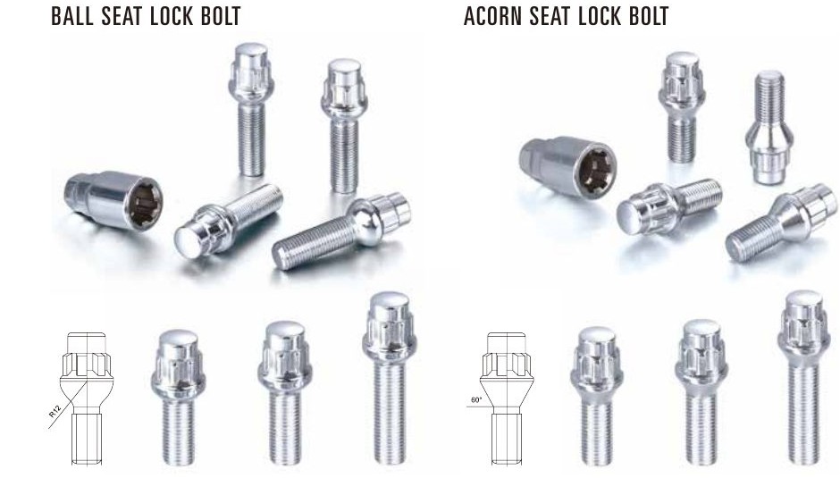 Ball-seat and acorn-seat wheel-lock bolts with their seat drawings